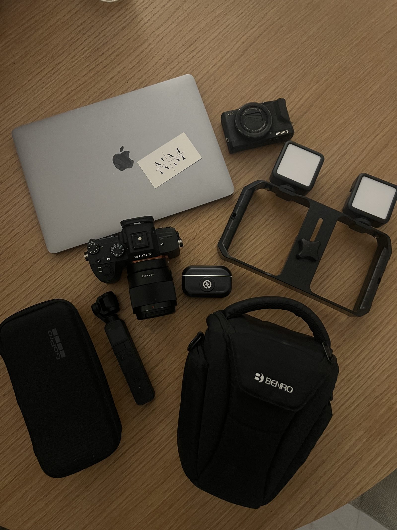Camera and lighting kit packed and ready ahead of the shoot