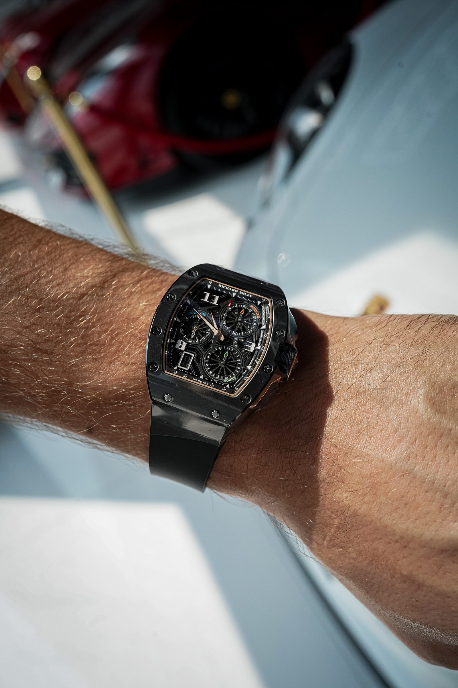 Detail shot of a luxury watch on the wrist from the shoot